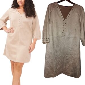 Beige Suede Dress with Studded V-Neck Plus Size 2X Vince Camuto